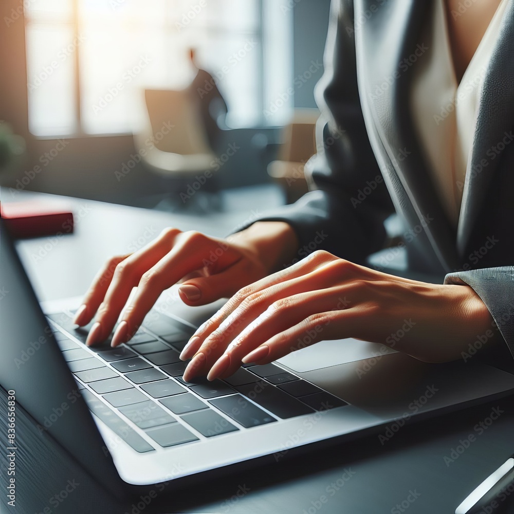Poster a professional's hands typing on a laptop in an office environment. the focus is on the hands and th