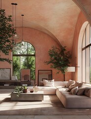 A large living room with arched windows, a sofa and armchairs in the color peach fuzz