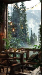Fototapeta premium A table and chairs on a porch with a view of a forest