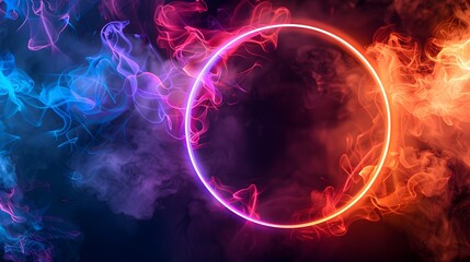 Abstract neon ring frame with glowing fire and smoke, blue pink light effect on black background