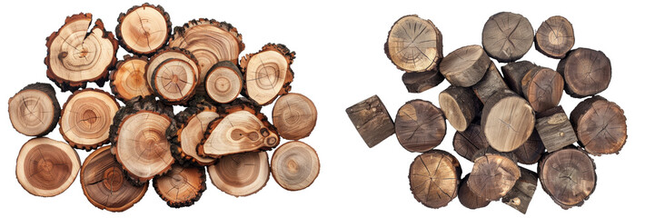 Top View of Pile of Cut Wooden Logs Set Isolated on Transparent or White Background, PNG