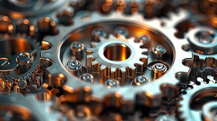 Interlocking gears and cogs in metallic shades, with a gradient that gives a polished, industrial look. Minimal and Simple,