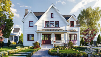 Naklejka premium Front view of a newly constructed craftsman style white house with burgundy accents, in a picturesque village, highlighting simple and elegant design.
