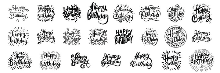 Collection of Happy Birthday text lettering. Hand drawn vector art.