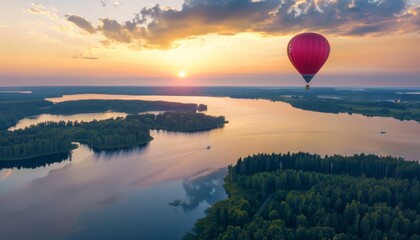 Spectacular Sunset Serenade: Hot Air Balloon Gliding over Galve Lake in Lithuania