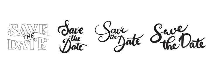 Collection of Save the Date text lettering. Hand drawn vector art.