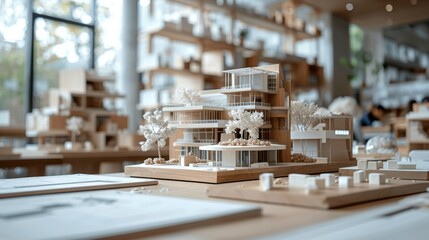 Modern architectural models displayed on a wooden table in a well-lit studio with large windows showcasing creative design concepts.