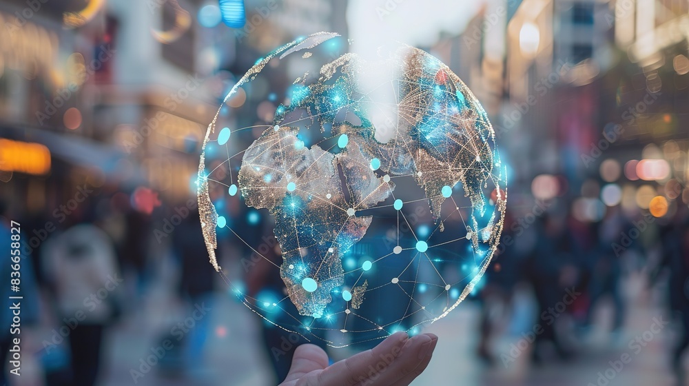 Poster abstract globe held in hand with connecting dots and lines.