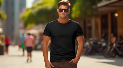 Fototapeta premium Young Model Shirt Mockup, Boy wearing black t-shirt on street in daylight, Shirt Mockup Template on hipster adult for design print, Male guy wearing casual t-shirt mockup placement