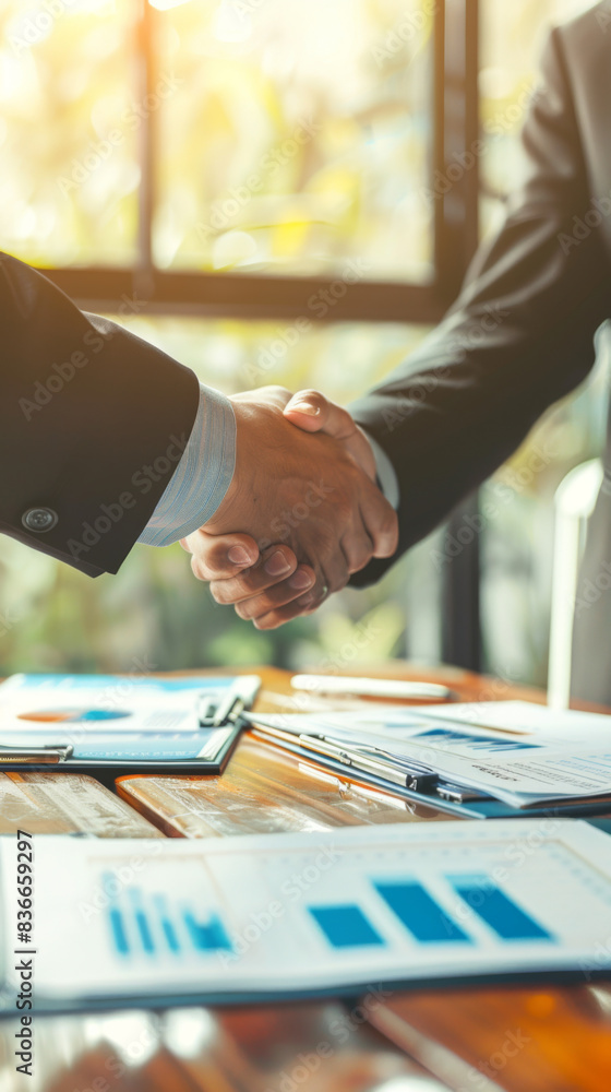 Poster two men shaking hands in front of a table with papers and graphs