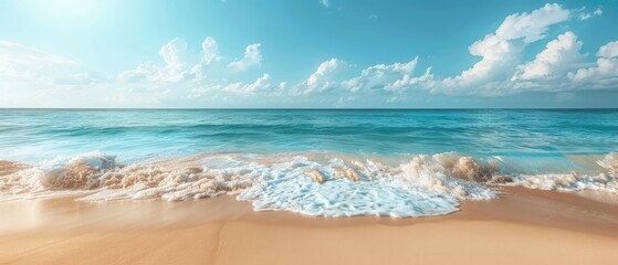 Serene beach scene with blue sky, gentle waves, and golden sand. Perfect for travel, nature, or vacation-themed projects.