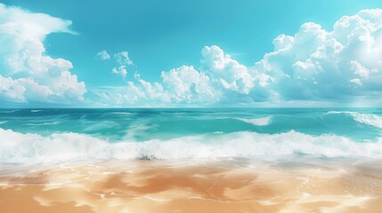 Obraz premium Serene beach scene with turquoise ocean waves crashing on a sandy shore under a vibrant blue sky with fluffy white clouds.