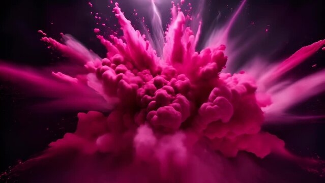 Vibrant magenta powder explosion creating an abstract pattern against a dark background. Swirling bursts of paint in vivid shades of magenta evoke a sense of energy, creativity, and motion.
