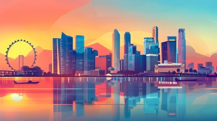 Fototapeta premium A vibrant cityscape rendered in a minimalist style. The skyline is depicted with clean lines and a balanced color palette, highlighting the urban vibrancy and cultural allure of the travel