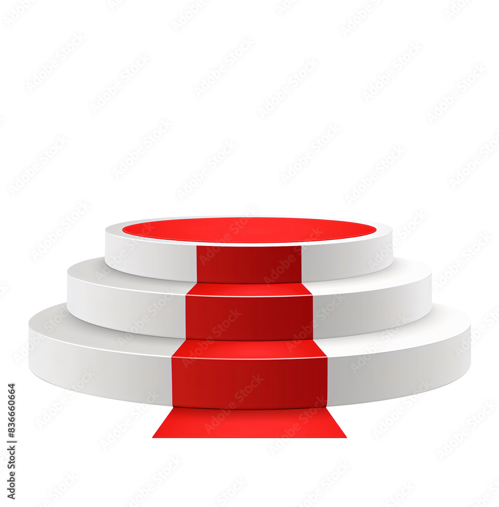 Poster white round podium with red carpet on white background isolated on a transparent background