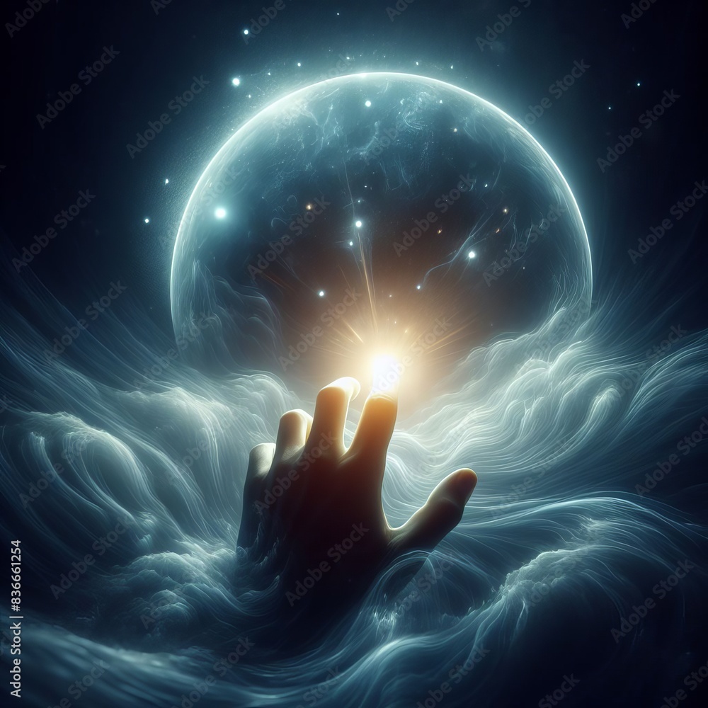 Poster a mystical and captivating image of a hand reaching towards a glowing orb set against a dreamy night