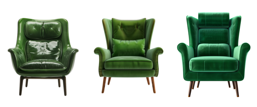 Modern Green Armchair Trio Isolated on Transparent or White Background, PNG