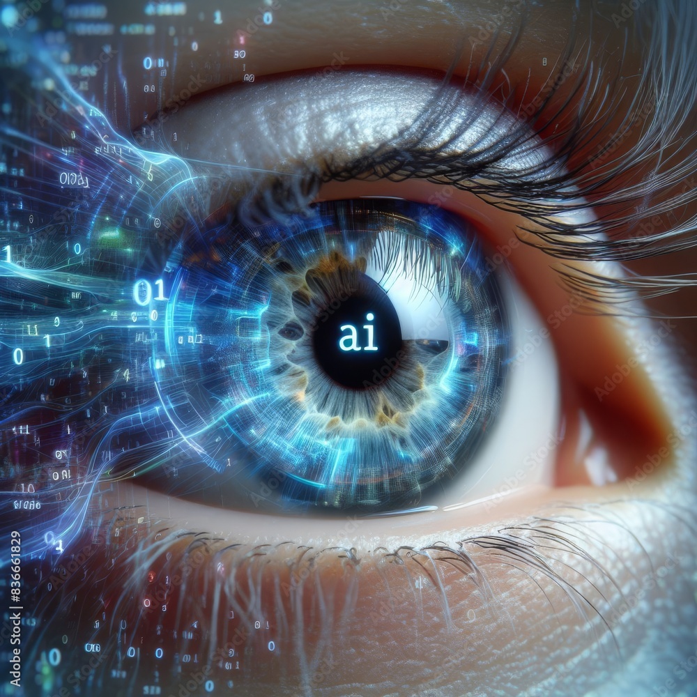 Poster a detailed close-up of an eye enhanced with ai elements. the iris is surrounded by dynamic digital d