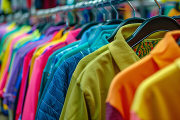 A rack of colorful shirts hanging on a clothesline. The shirts are of various colors and styles, and they are all neatly hung up. Concept of organization and order