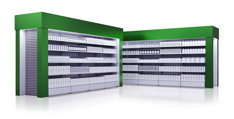 Retail display rack mockup with green toppers and stoppers and blank dairy products in plastic packaging and glass jars. 3d illustration set on white background © Wire_man