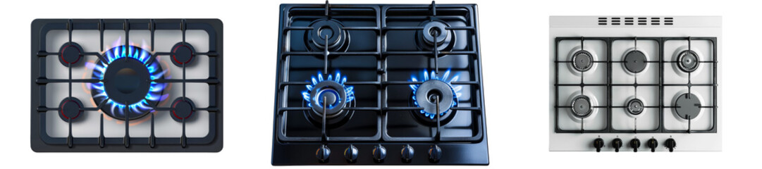 Top View of the Gas Hob Set Isolated on Transparent or White Background, PNG