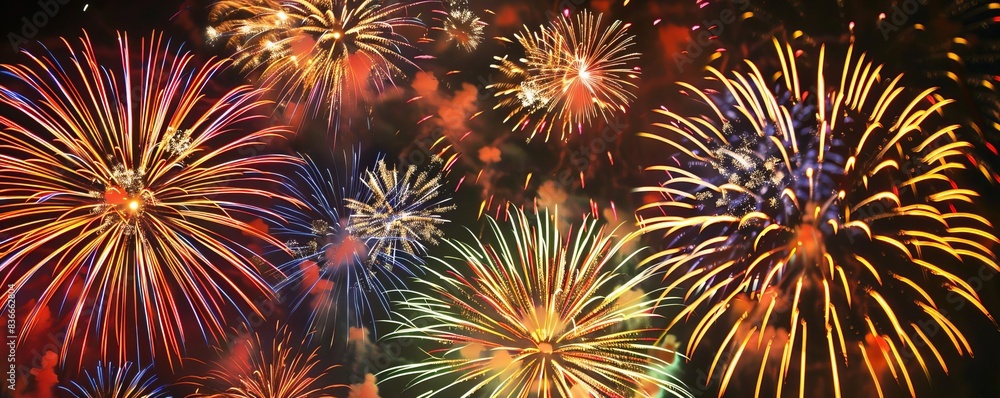Poster vibrant and colorful fireworks exploding in the night sky, creating a festive and celebratory atmosp