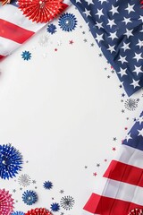 Obraz premium Patriotic American flag and red, white, and blue decorations on white background, perfect for Fourth of July celebrations or invitations.