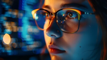 Reading html scripts, programming, cyber security research, data analytics, and data holograms are women in glasses. Reading HTML scripts and programming is an IT or coding professional wearing specta