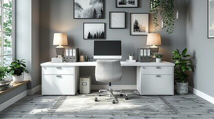 A minimalist home office with a white desk, ergonomic chair, and neatly arranged office supplies, emphasizing simplicity and productivity. Minimal and Simple,