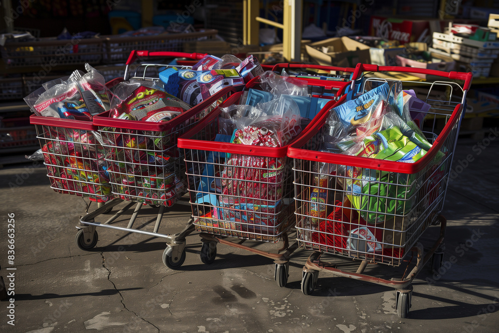 Poster a row of shopping carts are piled high with food and other items. the carts are of different sizes a
