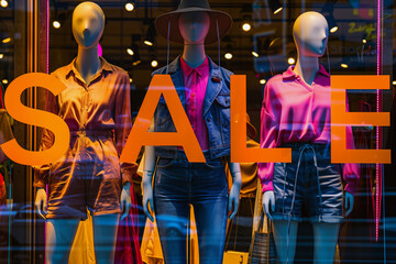 Obraz premium A display of mannequins in a store window with a sign that says Sale. The mannequins are dressed in various outfits, including shorts and tops. The display is colorful and eye-catching