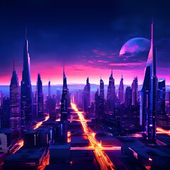 Obraz premium Neon Horizon: The Rise of Futuristic Megacities Under an Alien Sky. Exploring the Intersection of Advanced Architecture and Extraterrestrial Landscapes