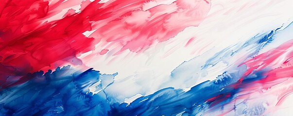 Abstract watercolor painting with vibrant red, white, and blue strokes blending seamlessly across the canvas, evoking movement and energy.