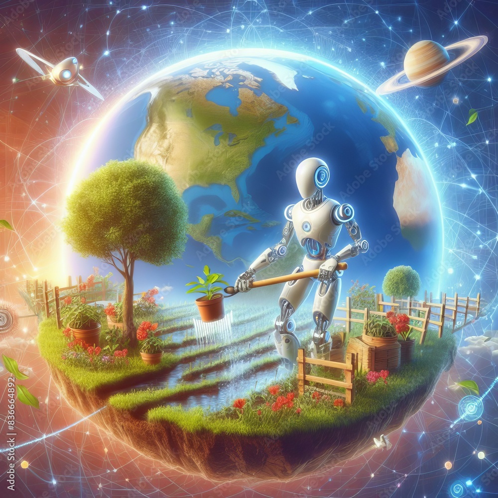 Poster an advanced robot waters plants in a futuristic garden set on a floating island in space, with the e