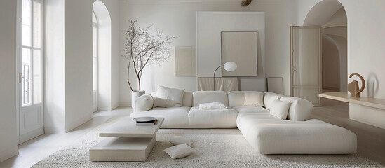 White minimalist living space with a plush cream sofa.