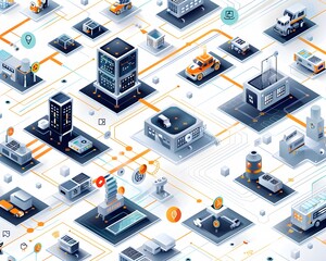 Fototapeta premium Illustration of Ensuring seamless data flow between different systems and platforms within the industrial ecosystem. Ai Generate.