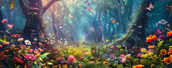 Whimsical Enchanted Forest with Blooming Flowers and Magical Creatures