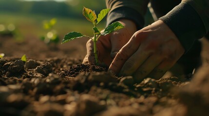 Fototapeta premium Hands planting a young seedling in the soil, symbolizing growth, sustainability, and agriculture in a natural outdoor setting.