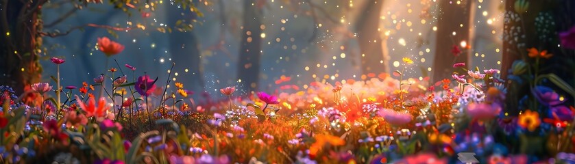 Enchanted Forest with Vibrant Flower Fields and Twinkling Fairy Dust in Warm Sunlight