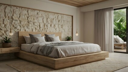 Fototapeta premium Ultra realistic photo of Modern take on bali inspired low ceiling small apartment white cream stone, light wood interor view of king bed with headboard.