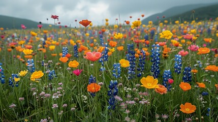 A vibrant field of wildflowers in full bloom, showcasing the variety and richness of natural colors. Minimal and Simple,