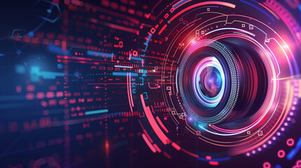 Obraz premium Futuristic Digital Camera Lens with Neon Lights
