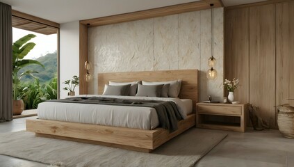 Ultra realistic  photo of Modern take on  bali inspired low ceiling small apartment white cream stone, light wood  interor view of king bed with headboard.