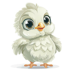 Fototapeta premium Adorable cartoon baby chick with big eyes and fluffy feathers, standing on a white background, perfect for children's illustrations or decor.