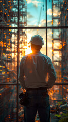 Obraz premium Construction engineers working at construction site at sunset
