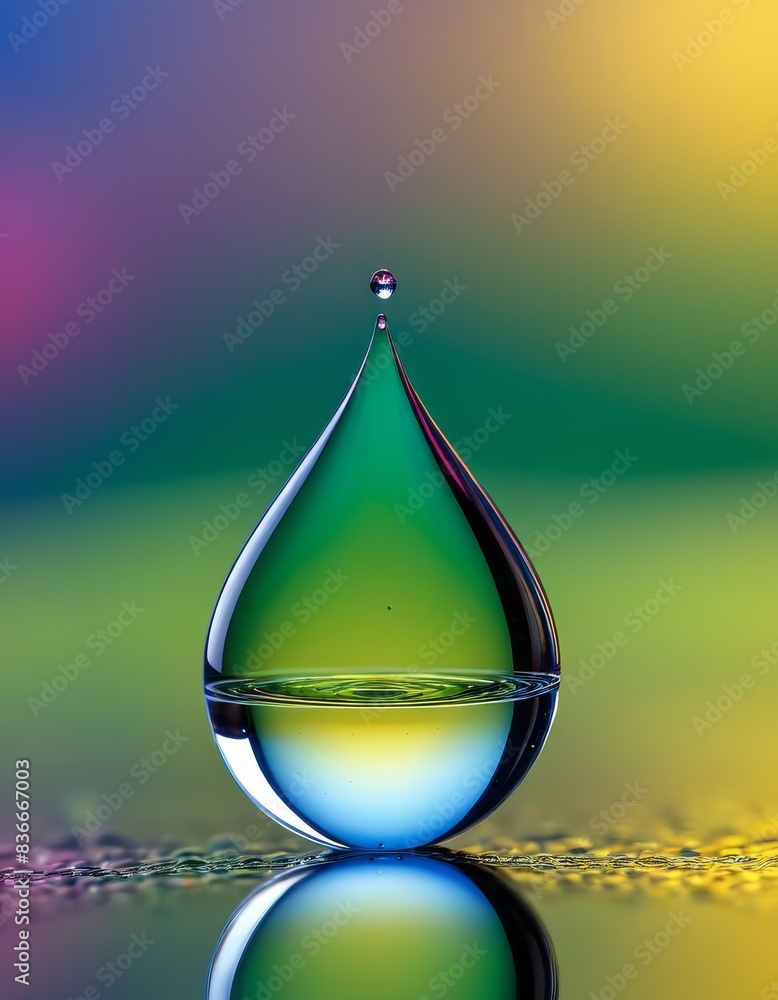 Poster close-up of a water drop reflecting vibrant colors, captured with a macro lens on a reflective surfa