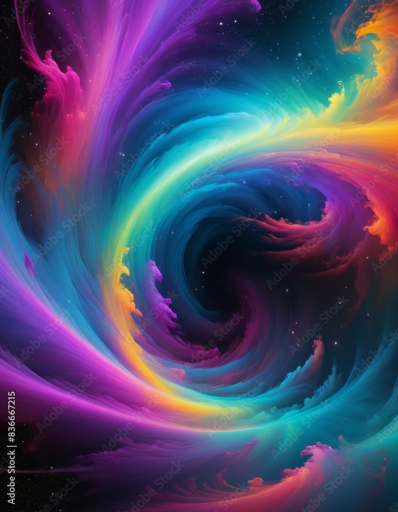 Poster a captivating digital artwork featuring a vivid swirl of rainbow colors, creating a dynamic and mesm