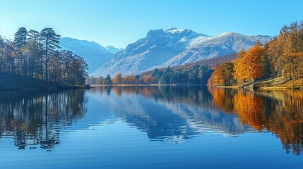 A serene lake scene with reflections of trees and mountains, creating a peaceful and calming atmosphere. Minimal and Simple,