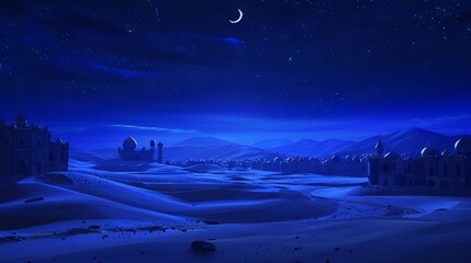 A desert scene with mountains and a moon.