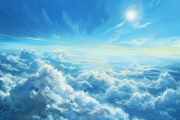 A painting of clouds and the sun above.